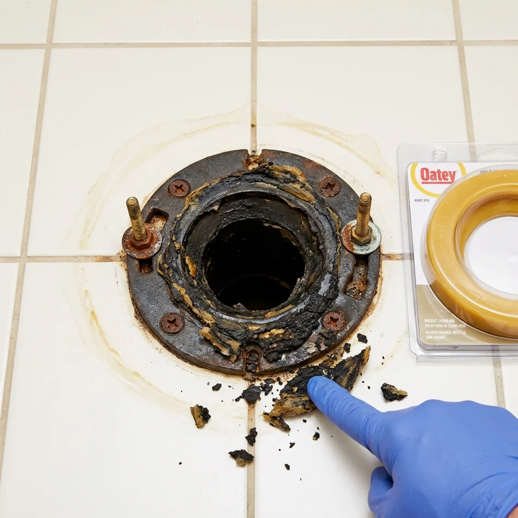 Failed wax ring showing water seepage at the base of a toilet in a Cameron, WI home
