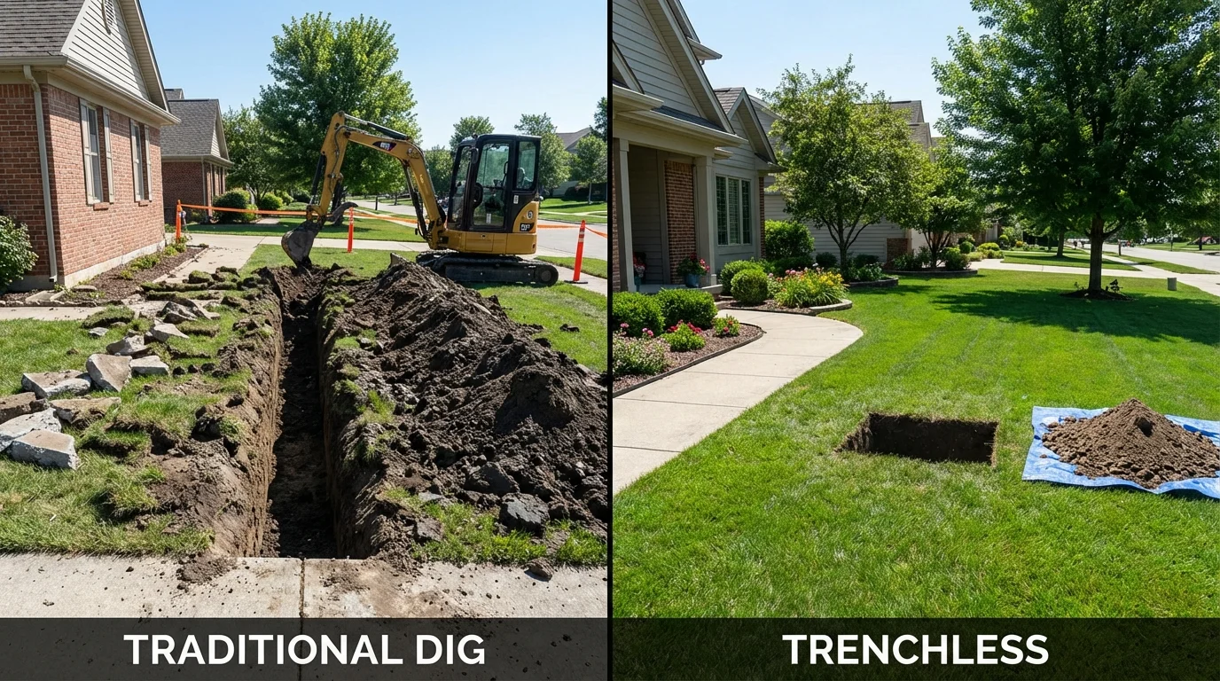 Trenchless sewer repair with minimal yard damage versus traditional excavation in Cameron, WI
