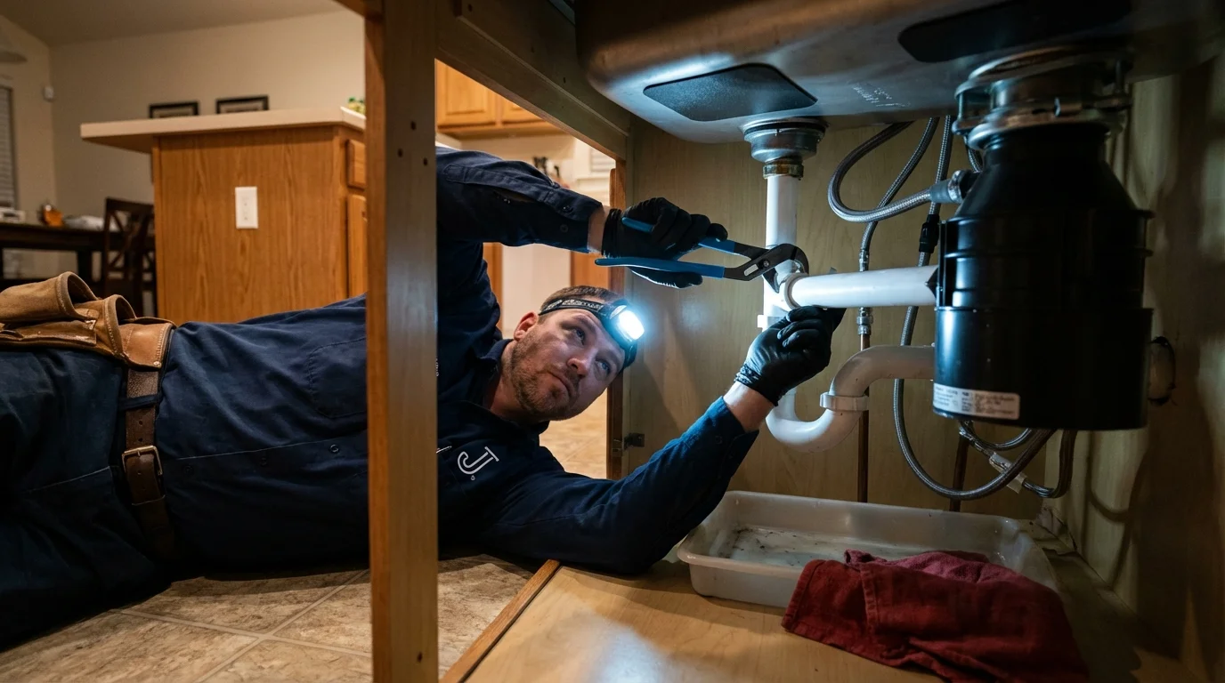 P-trap and supply line connections under a kitchen sink showing a common leak point in Cameron, WI